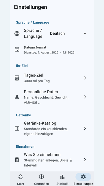Einstellungen der App TrinkTakt