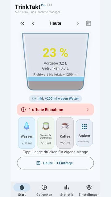 TrinkTakt Startbildschirm mit Trinkglas und Tagesziel